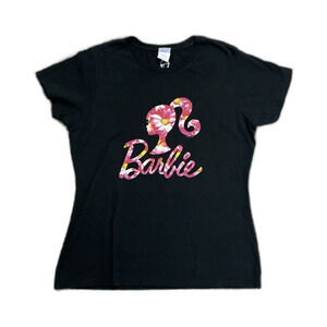Mattel Barbie Black with Pink Floral Graphic Logo Fitted T-Shirt Size Large